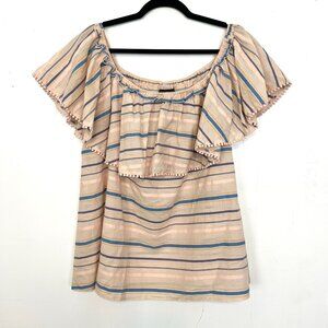 NWT Lane Bryant Top Peach Striped Cotton Ruffle Neck Lace Trim 18/20 1X 2X